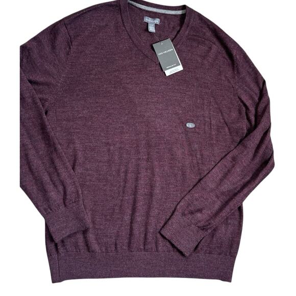 Van Heusen Sweater Mens Large Burgundy Merino Wool V-Neck Machine Washable New - Picture 1 of 7